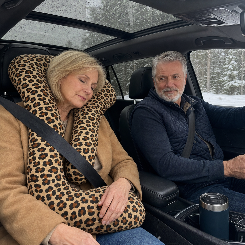 Woman asleep on the leopard Cozy Miles passenger pillow while her husband drives