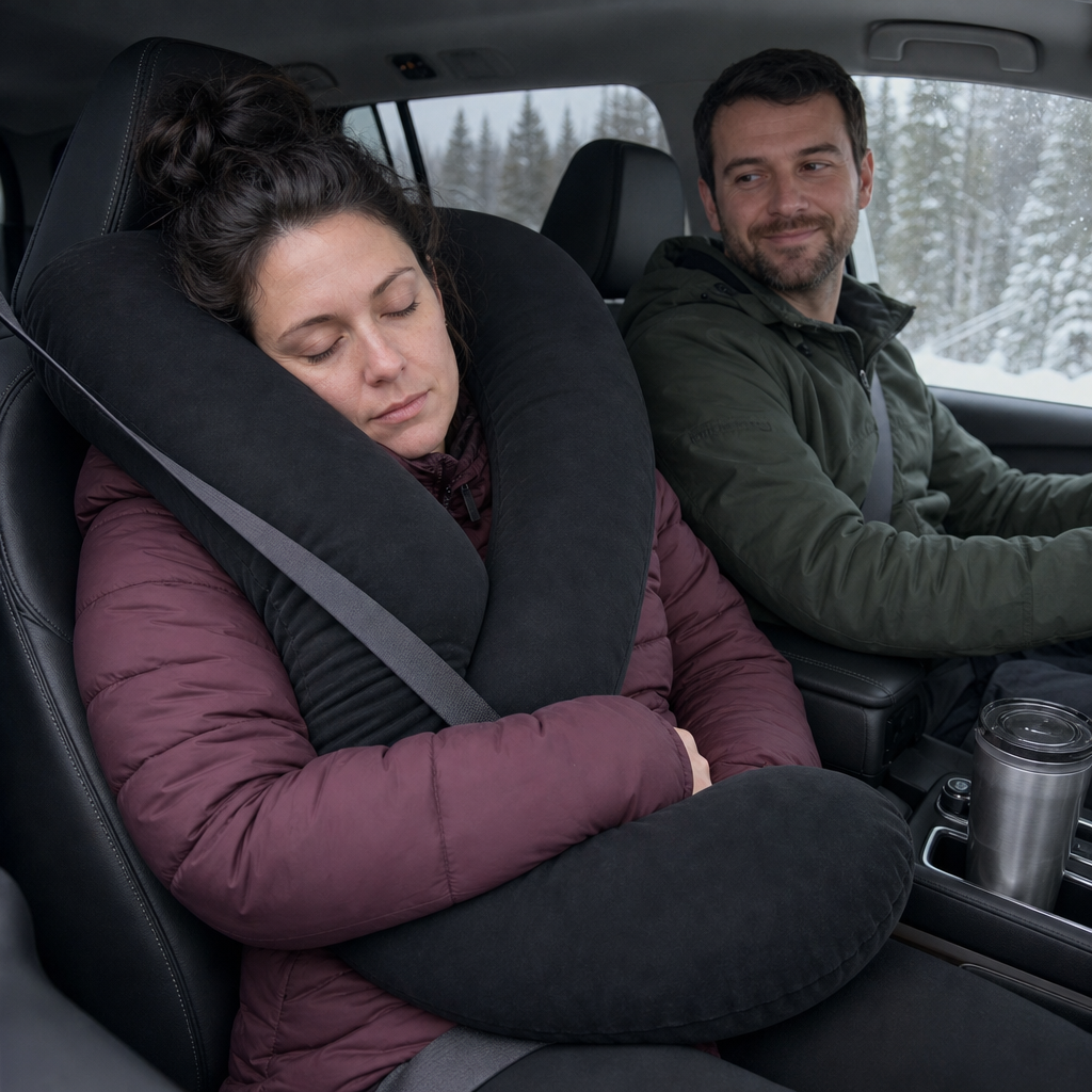 Woman asleep on the black Cozy Miles passenger pillow in an SUV