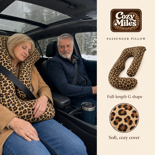 Cozy Miles Passenger Pillow: full-length G shape with soft, cozy leopard cover