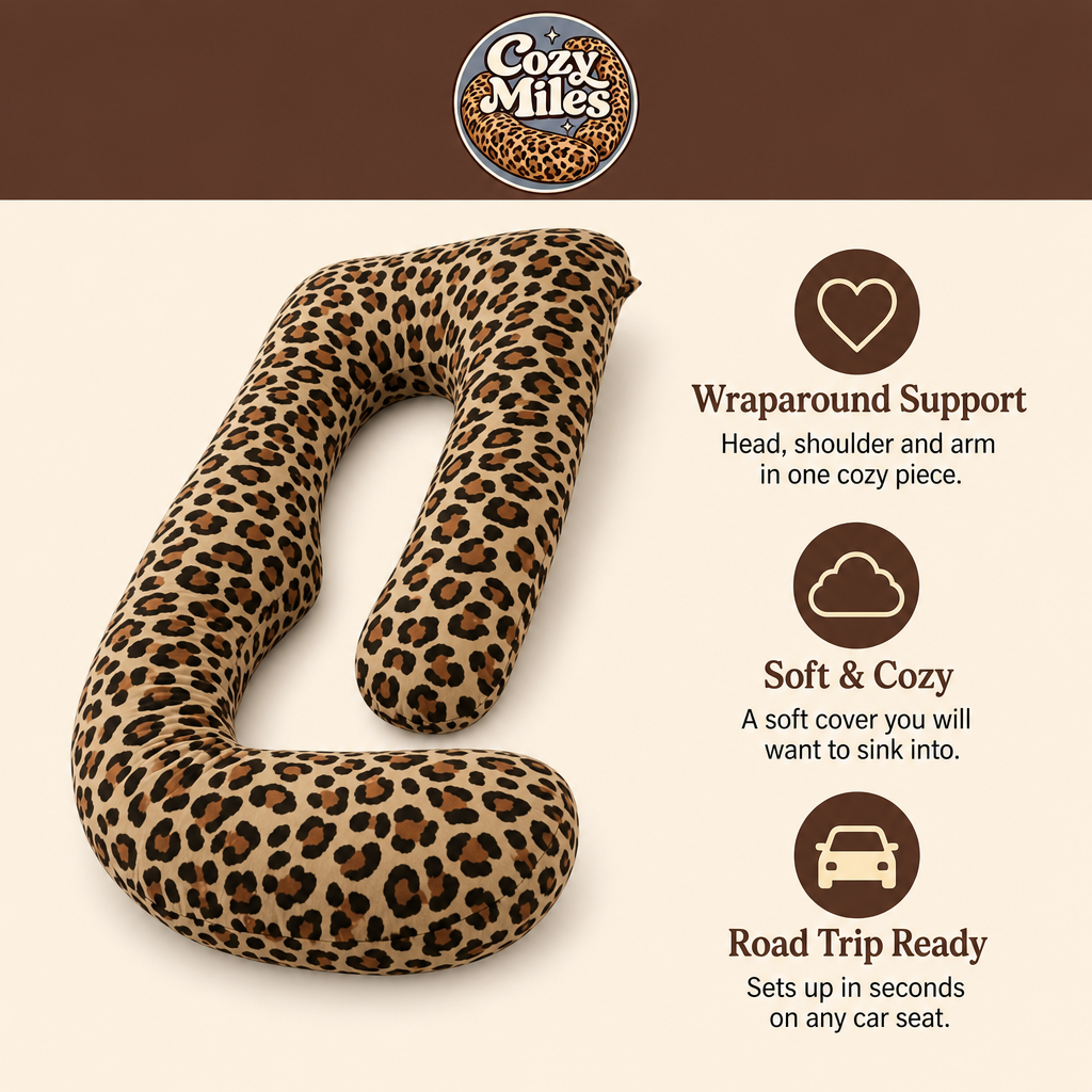 Cozy Miles Passenger Pillow features: wraparound support, soft and cozy, road trip ready