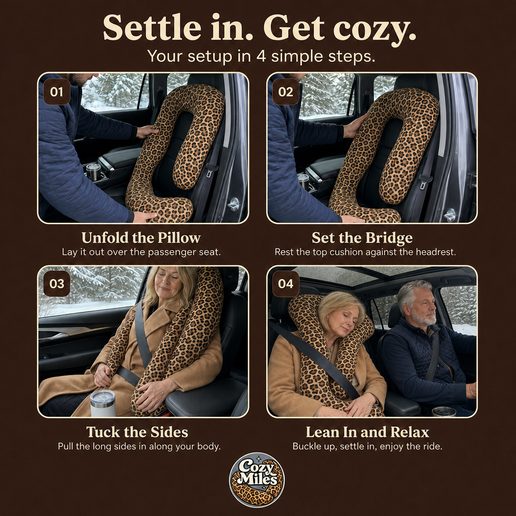 Settle in. Get cozy. Your setup in 4 simple steps with the Cozy Miles Passenger Pillow